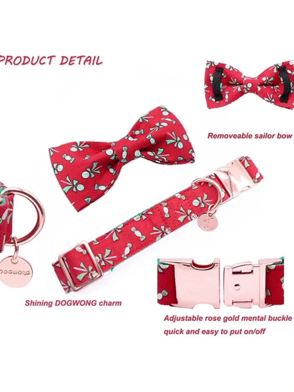 Red Candy Print Dog Collar S/M w Detachable Bow Tie Rose Gold NWT Cute